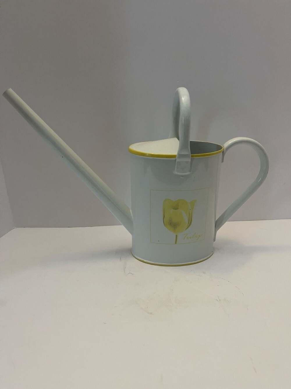 Walmart Marketed White Metal Decorative Watering Can with Yellow Tulip Graphic